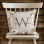 Almofada Rustic Cotton Wreath Monograma Weding Keepsael<br><div class="desc">Guarda-casamentos personalizados. Este elegante e rústico travesseiro de linhagem digital apresenta um fundo de textura de linen bege com uma bela coroa aquática de pinos de algodão que enquadra o clássico monograma inicial. Os primeiros nomes do casal são escritos sobre o monograma inicial em um belo roteiro de caligrafia, com...</div>
