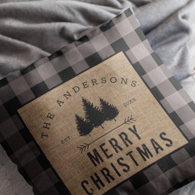 Almofada Rustic Country Family Name Merry Christmas Xadrez (Criador carregado)