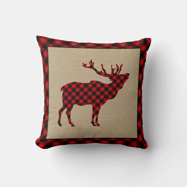 Almofada Rustic Elk Burlap e Red Xadrez (Frente)