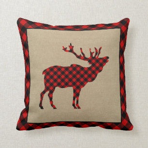 Almofada Rustic Elk Burlap e Red Xadrez