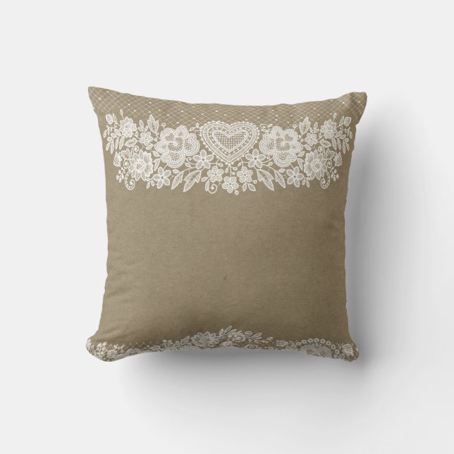 Almofada Rustic Kraft & White Lace Lacy Farmhouse Chic (Frente)