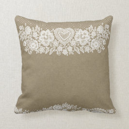 Almofada Rustic Kraft & White Lace Lacy Farmhouse Chic