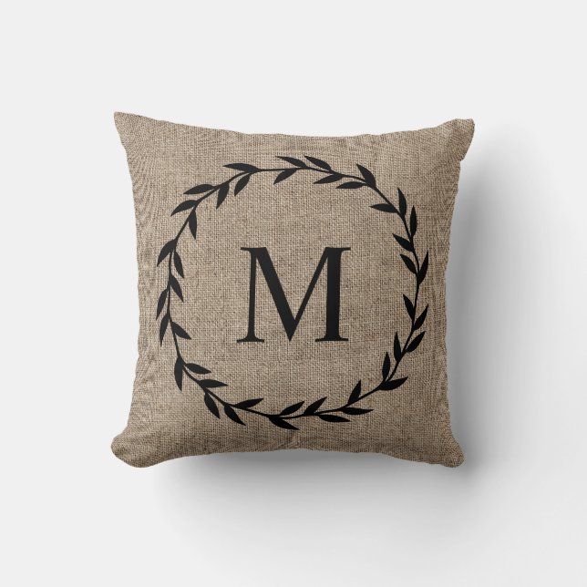 Almofada Rustic Laurel Wreath Farmhouse Style Monogramas (Frente)