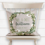 Almofada Rustic Linen Wreath Sr. & Sra. Wedding Keepsael<br><div class="desc">Guarda-casamentos personalizados. Este travesseiro de design de roupa digital rústico e tenra, apresenta um fundo natural de textura de linho bege com uma bela cor d'água verde e uma coroa de algodão que enquadra o roteiro tendencioso escrito manualmente Sr. & Sra. Monograma. O sobrenome casado do casal está escrito, com...</div>