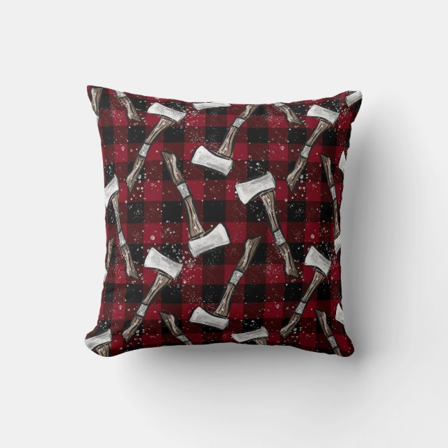 Almofada Rustic Lumberjack Axes on Buffalo Plaid (Frente)