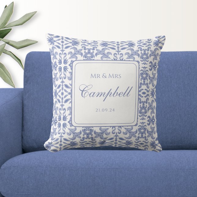 Almofada Rustic Mr & Mrs Dusty Blue and White Patterned (Criador carregado)
