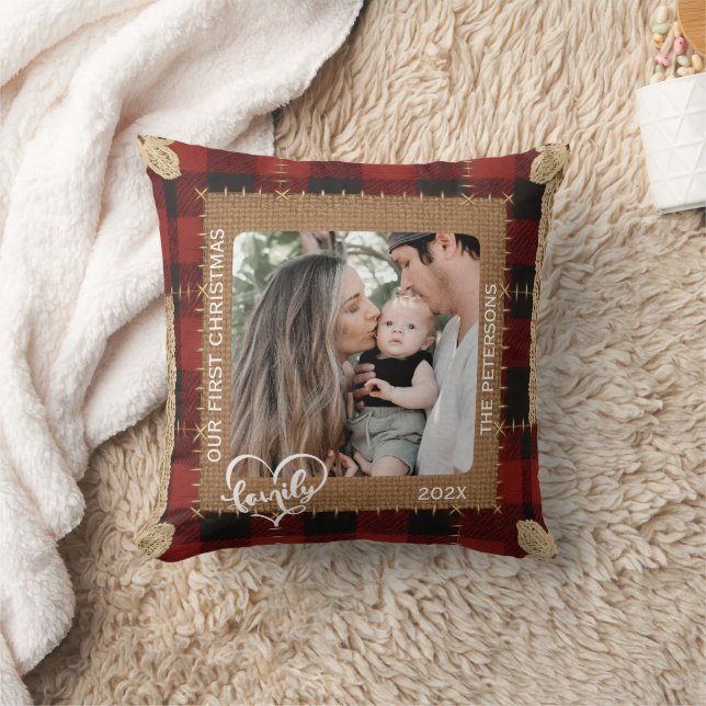 Almofada Rustic Red Buffalo Plaid First Christmas Family (Cobertor)