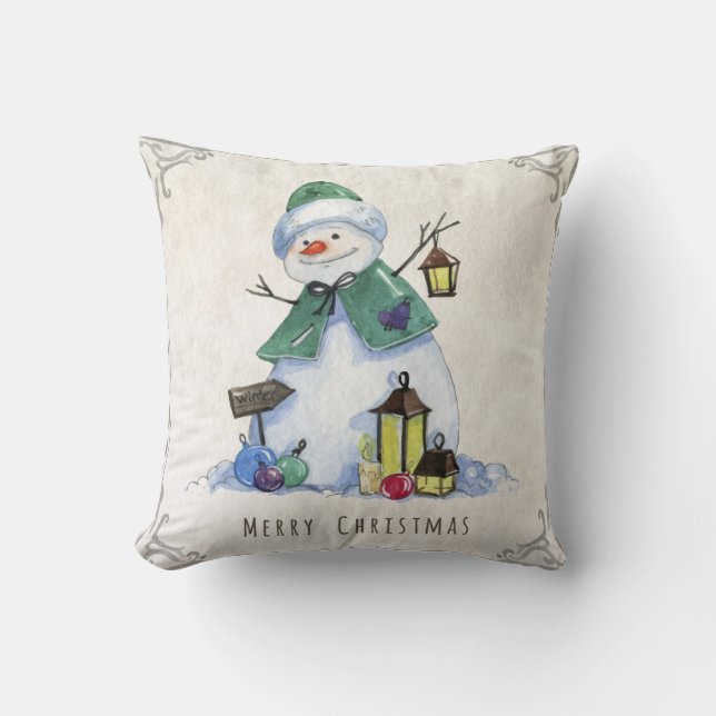 Almofada Rustic Watercolor Snowman Feliz Feriado de Natal (Frente)