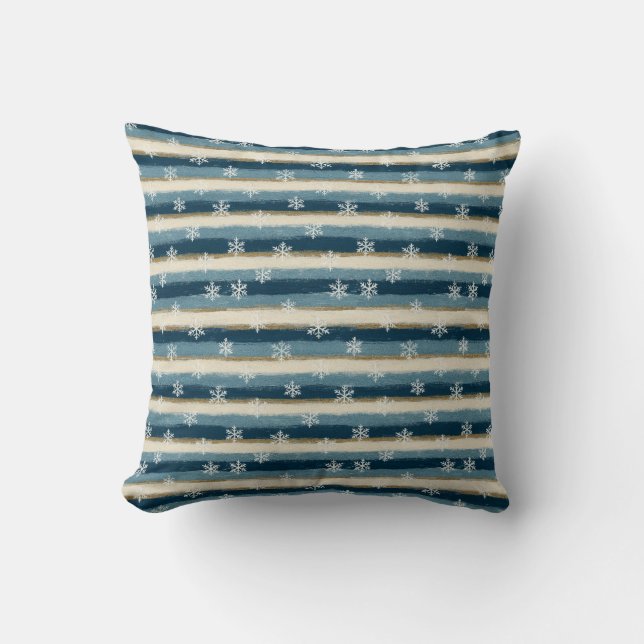 Almofada Rustic Winter Snowflakes Blue Gold Painted Stripes (Frente)