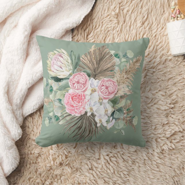 Almofada Rústico Boho Evergreen Rosa Floral Pampas Folhagem (Cobertor)