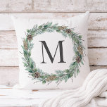 Almofada Rústico inverno Verde Monograma Vermelhidão Inicia<br><div class="desc">Design de travesseiro decorativo de de feriado personalizado elegante apresenta uma faixa cônica rústica de verde-aquarela de inverno moldando um primeiro ou sobrenome de monograma inicial. Personalize com sua escolha de cinza de carvão. O design de dois lados aparece nos lados frontal e traseiro do travesseiro branco clássico.</div>