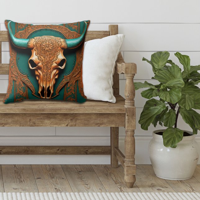 Almofada Rústico vaqueiro Teal Orange Southwestern Bull Crâ (Southwestern bull skull teal orange western country pillow)