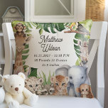 Almofada Safari temático de vitrine com estatísticas de nas<br><div class="desc">Bem-vindos ao seu filho a um mundo de aventura com o Travesseiro Safari Jungle Animal Baby Boy Nursery, um encantador suplemento ao seu primeiro santuário. Este travesseiro apresenta um encantador conjunto de aquarelas tropicais e selvas, trazendo uma vibração divertida, mas serena, para o berçário. Personalize-o com o nome, data e...</div>