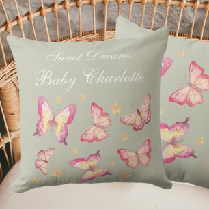 Almofada Sage Green Baby Girl Name Pink Butterfly Nursery