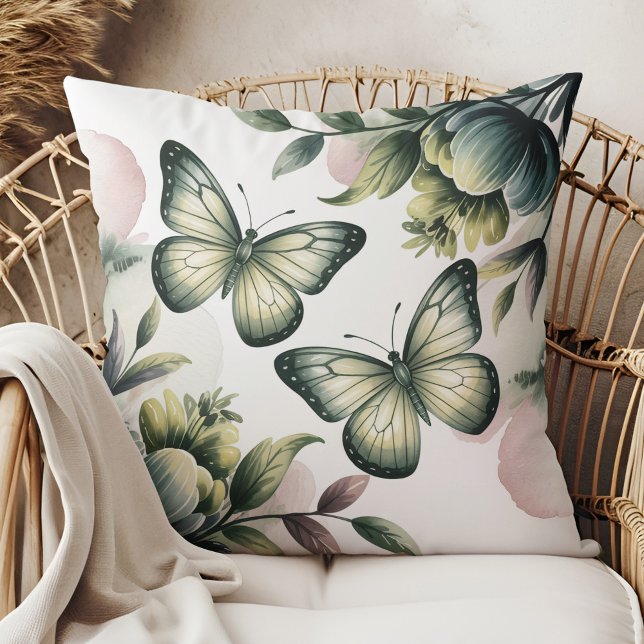 Almofada Sage Green Butterfly Throw Pillow (Sage Green Butterfly Throw Pillow in a boho neutral rattan armchair)