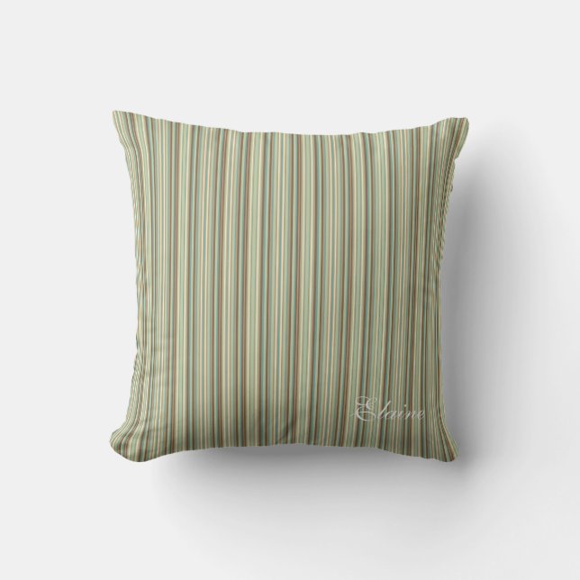 Almofada Sage Green Cream Taupe Stripe Monograma Personaliz (Frente)
