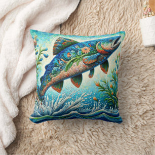 Almofada Salmão Jumping Mosaico Floral Azul Pêssego Verde
