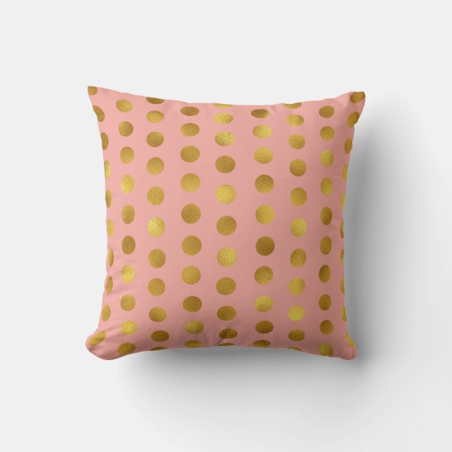 Almofada Salmão Rosa Rosa Rosa Dourada Polka Grandes Pontos (Frente)