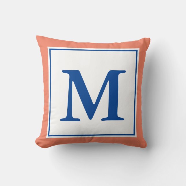 Almofada Salmão Simples e Monograma Azul Profundo (Frente)