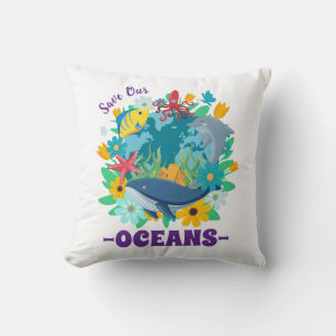 Almofada Salve nossos oceanos Flor Baleia Design Colorido T