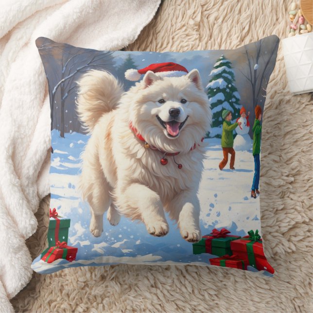 Almofada Samoyed Correndo em Neve com Chapéu de Natal (Cobertor)