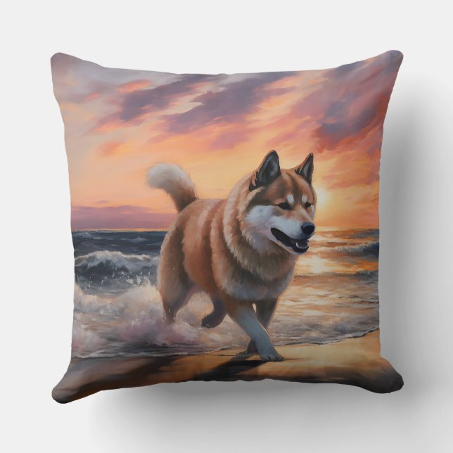 Almofada Sandy Paws Akita Dog em Beach Sunset (Verso)