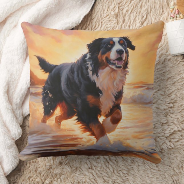 Almofada Sandy Paws Bernese Mountain Dog em Beach Sunset (Cobertor)