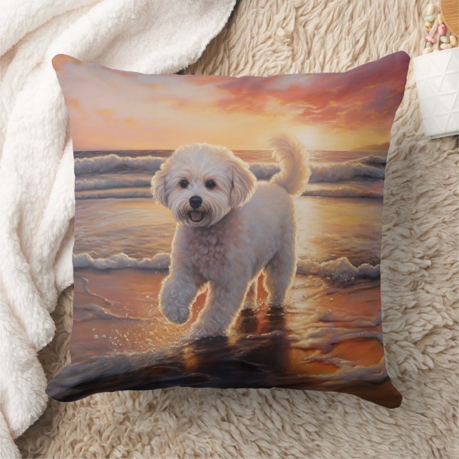 Almofada Sandy Paws Bichon Frise Dog em Beach Sunset (Cobertor)