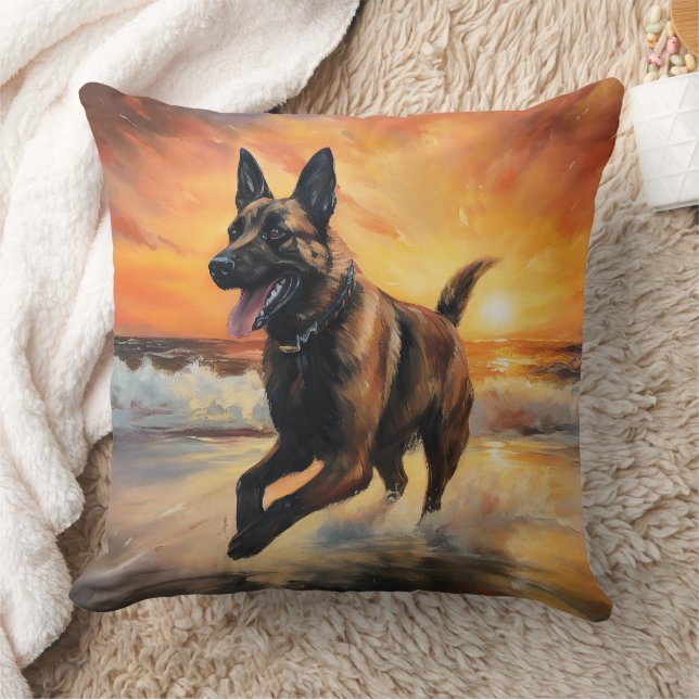 Almofada Sandy Paws Cachorro Malinois Belga em Beach Sunset (Cobertor)