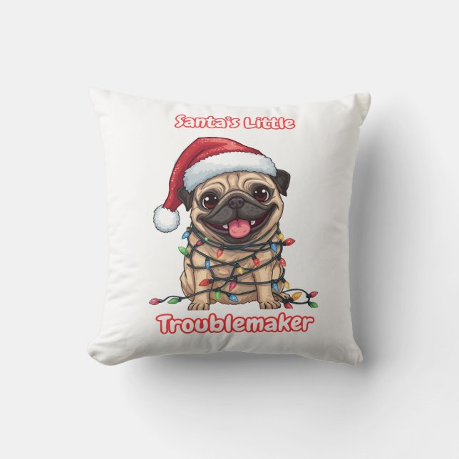 Almofada Santa’s Little Troublemaker Pug Throw Pillow  (Frente)