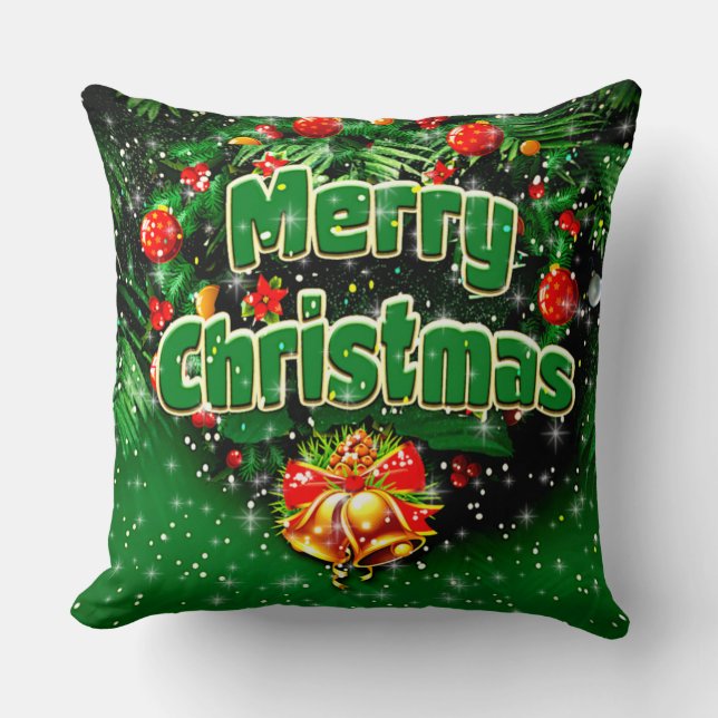 Almofada Saudações à Dourada Feliz Natal Verde (Frente)