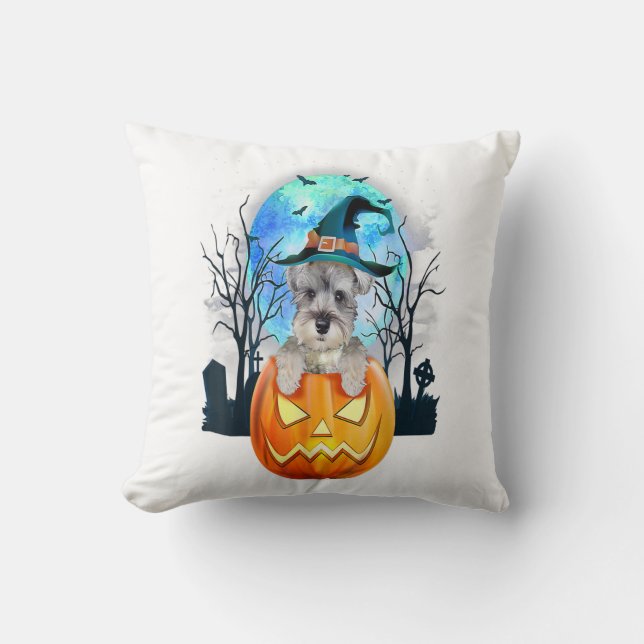 Almofada Schnauzer Dog Witch Hat Halloween Pumpkin Gift (Frente)