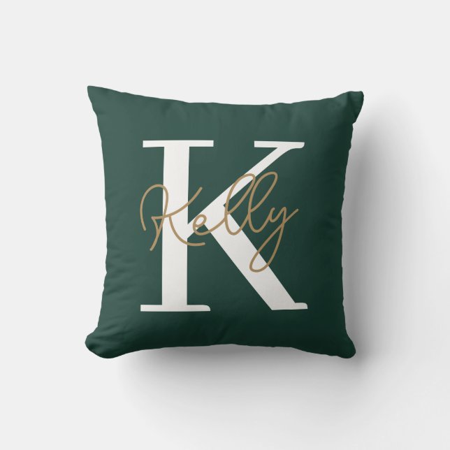 Almofada Script de Monograma Verde Moderno Emerald (Frente)