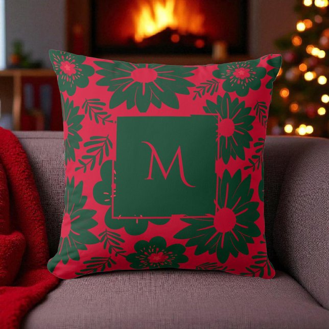 Almofada Script Floral de Cor Verde Vermelha (Criador carregado)