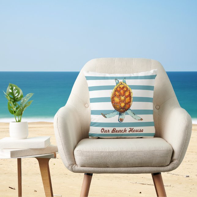 Almofada Sea Turtle Custom Beach House em Stripes de Aqua E (Criador carregado)