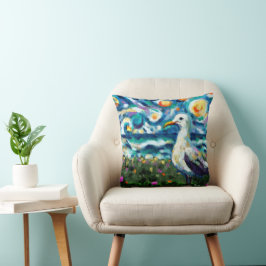 Almofada Seagull Van Gogh Style Beach Sky Blue Teal