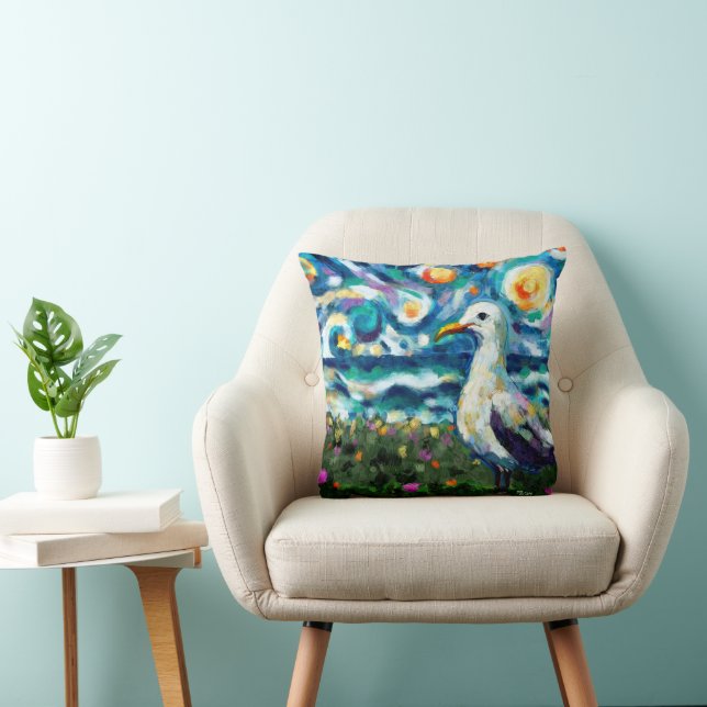 Almofada Seagull Van Gogh Style Beach Sky Blue Teal (Cadeira)