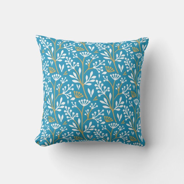 Almofada Seamless Floral Pattern: White and Gold on Blue (Frente)