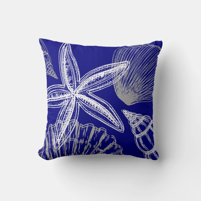 Almofada Seashell Beach House Costeiro Blue Starfish (Frente)