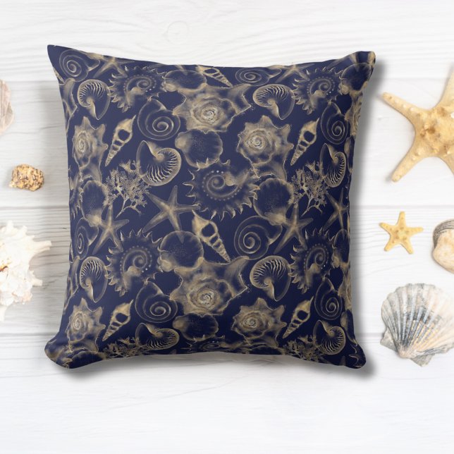 Almofada Seashelm Starfish Blue Ocean Coastal Beach House (Seashells and Starfish Blue Ocean Coastal Beach House Throw Pillow)
