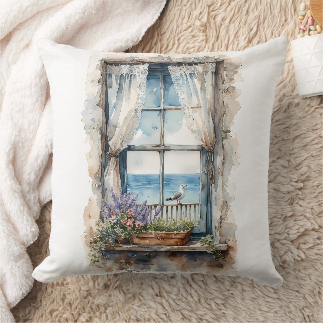 Almofada Seaside Window View Watercolor Coastal Scene (Cobertor)