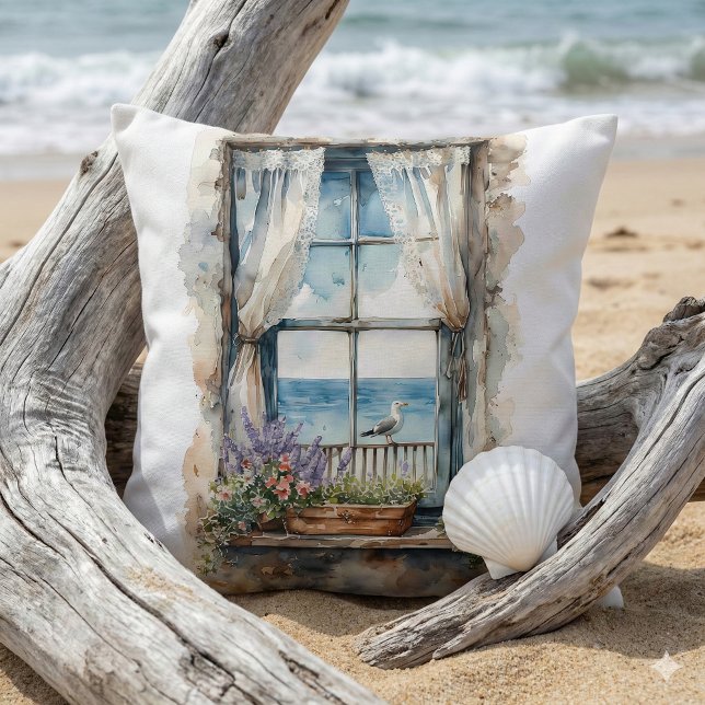 Almofada Seaside Window View Watercolor Coastal Scene (Seaside Window View Watercolor Coastal Scene Throw Pillow Mockup C)