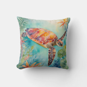 Almofada Seaturtle Watercolor Sealife Costeira Tropical