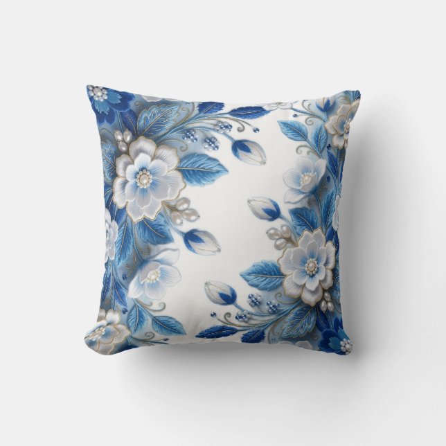 Almofada Seda Azul Artesanal com Bordado Floral 3D (Frente)