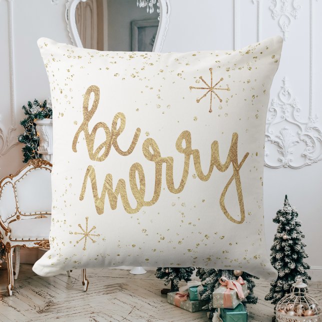 Almofada Seja Feliz - Branco e Dourado - Natal (Be Merry - White and Gold - Christmas Throw Pillow)