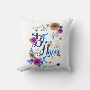 Almofada Seja feliz, com uma citação positiva, Flores Dou