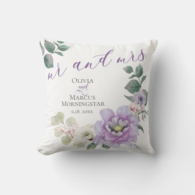 Almofada Senhor e Senhora Aquarela Lavanda Peônia Floral (Frente)