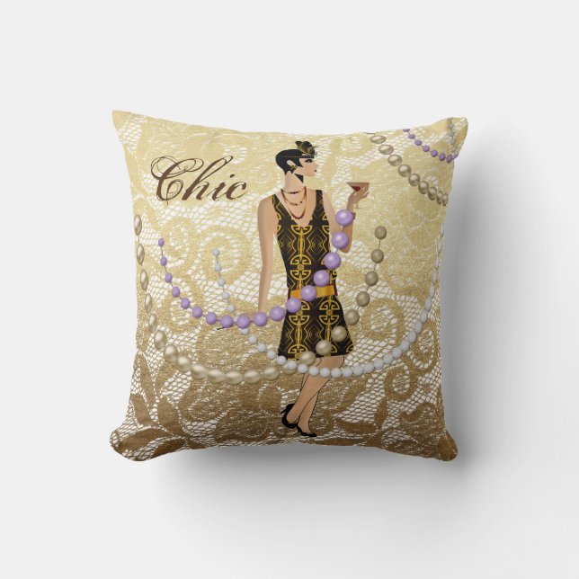 Almofada Senhorita Art Deco em Renda Floral Dourada (Frente)
