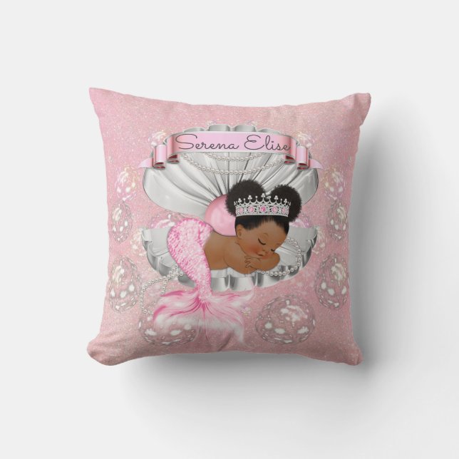 Almofada Sereia Bebê Afro-Americana Pérola Rosa Concha (Frente)
