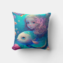 Sereia nadando com um travesseiro decorativo fofo